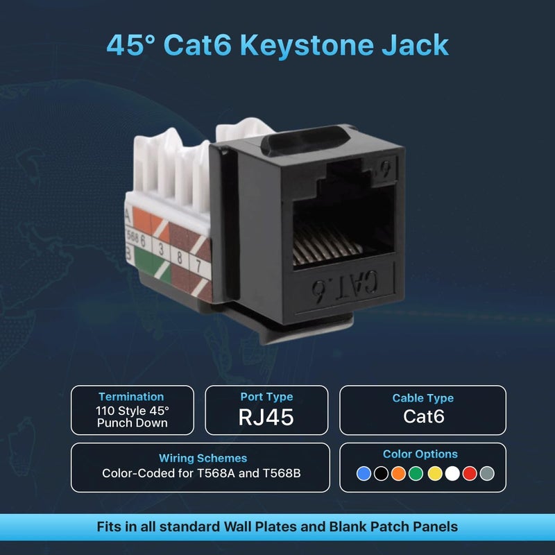 SATMAXIMUM 10 Pack Cat6 Keystone Ethernet Wall Jacks RJ45 Punch Down Slim Profile UTP Black, 45 Degree for Patch Panel & Wall Plate, Supports Up to 10Gbps - Image 2